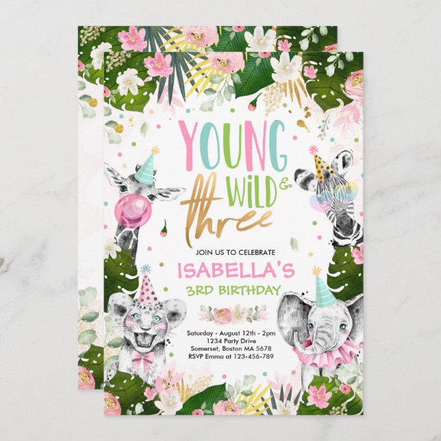 Invitación Fiesta De Animales Salvajes Y Safari De Tres Años (Anverso / Reverso)