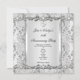 Invitación Fiesta de Aniversario 25 Damask Diamante Blanco