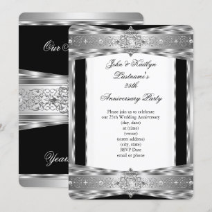 Invitación Fiesta de aniversario 25 Damask Diamante Plata Neg