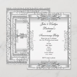 Invitación Fiesta de aniversario 25 Damask Plata Blanco