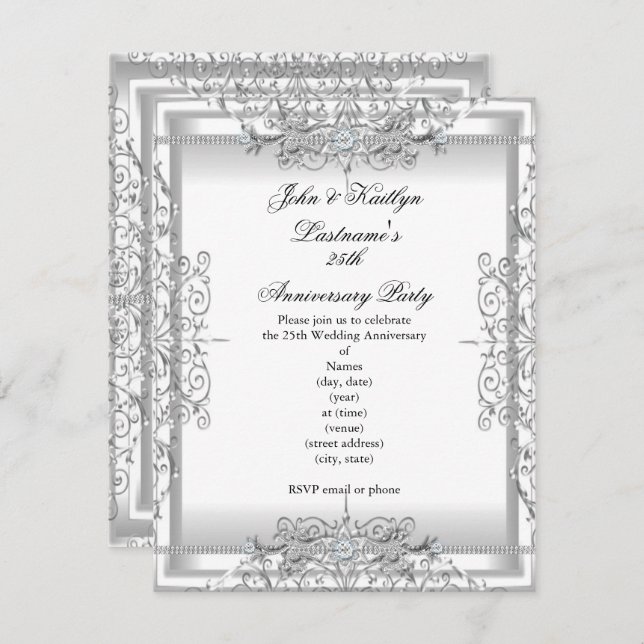 Invitación Fiesta de aniversario 25 Damask Plata Blanco (Anverso / Reverso)
