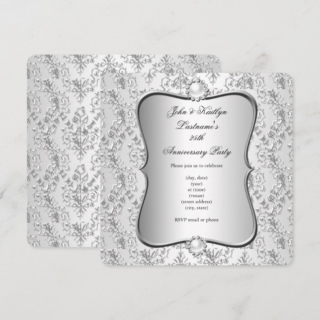 Invitación Fiesta de aniversario 25 Damask Plata Blanco (Anverso / Reverso)