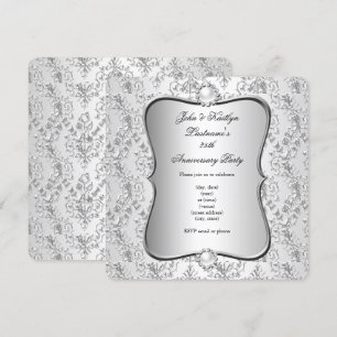 Invitación Fiesta de aniversario 25 Damask Plata Blanco