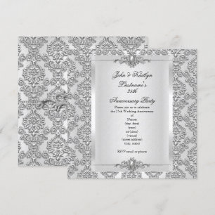 Invitación Fiesta de aniversario 25 Damask Plata Blanco