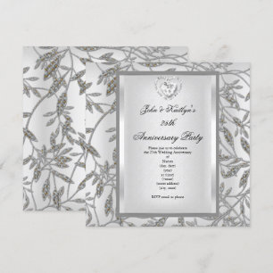Invitación Fiesta de aniversario 25 Damask Plata Blanco