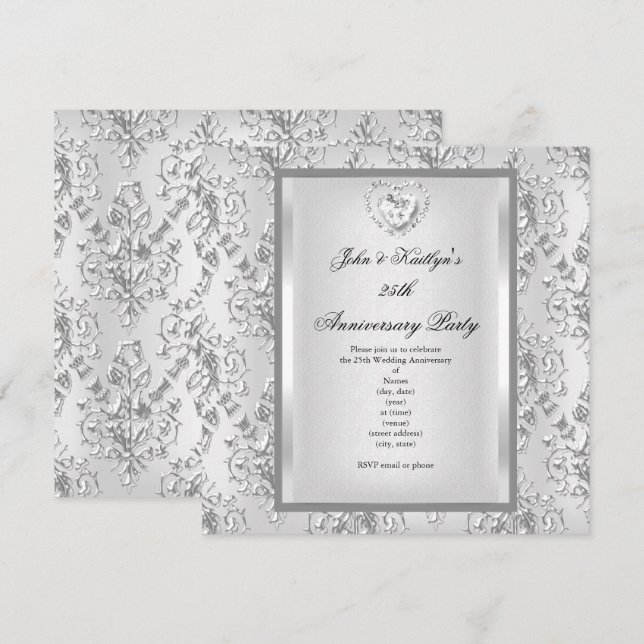 Invitación Fiesta de aniversario 25 Damask Plata Blanco 2 (Anverso / Reverso)