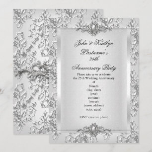 Invitación Fiesta de Aniversario 25 Damask Plata Blanco Peque