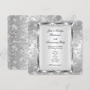 Invitación Fiesta de aniversario 25 Rose Damasco Plata Blanco