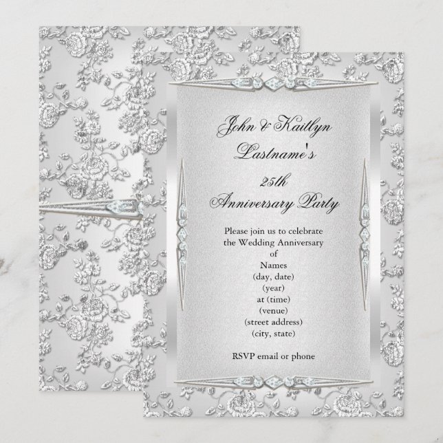 Invitación Fiesta de Aniversario 25 Rose Damask Plata Blanco (Anverso / Reverso)