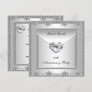 Invitación Fiesta de aniversario 25 Silver White Heart Jewel 
