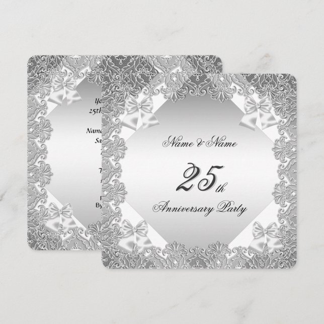 Invitación Fiesta de Aniversario 25 White Silver Lace (Anverso / Reverso)