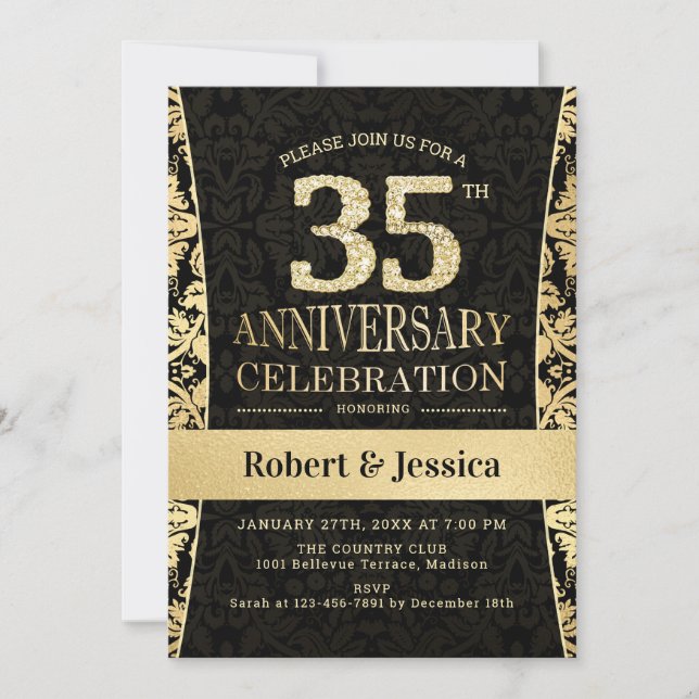 Invitación Fiesta de aniversario 35 - dorado negro (Anverso)