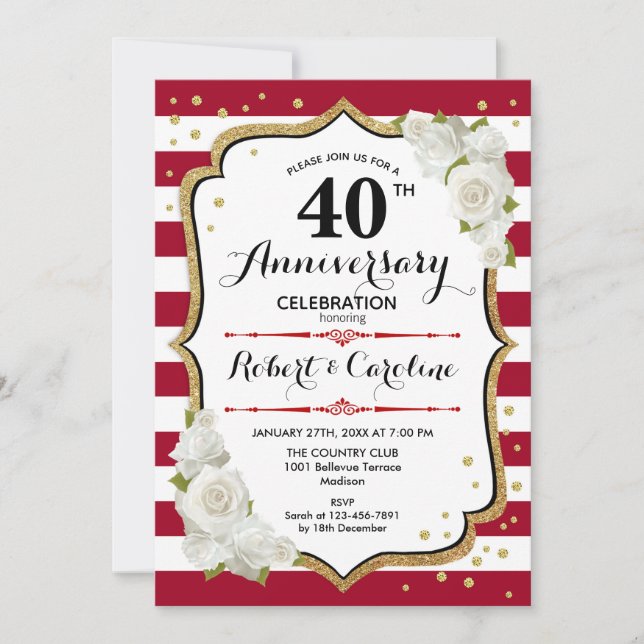 Invitación Fiesta de aniversario 40 - Rojo Rubí Oro Blanco (Anverso)
