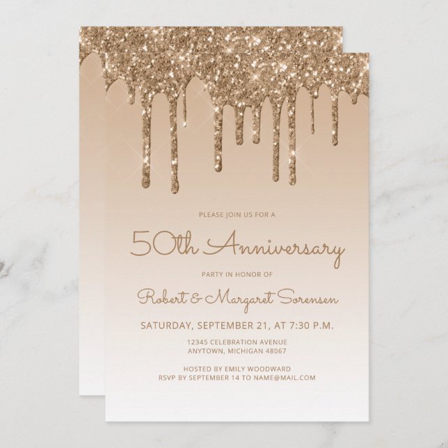 Invitación Fiesta de aniversario 50 Chic Glitter Drip Gold (Anverso / Reverso)