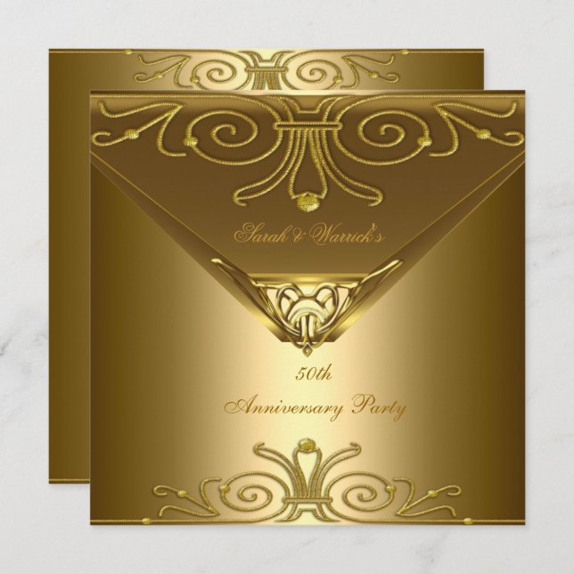 Invitación Fiesta de Aniversario 50 Elegante Arte Deco Oro 2 (Anverso / Reverso)
