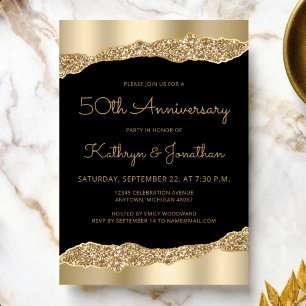 Invitación Fiesta de Aniversario 50 Negro Purpurina de Hoja d