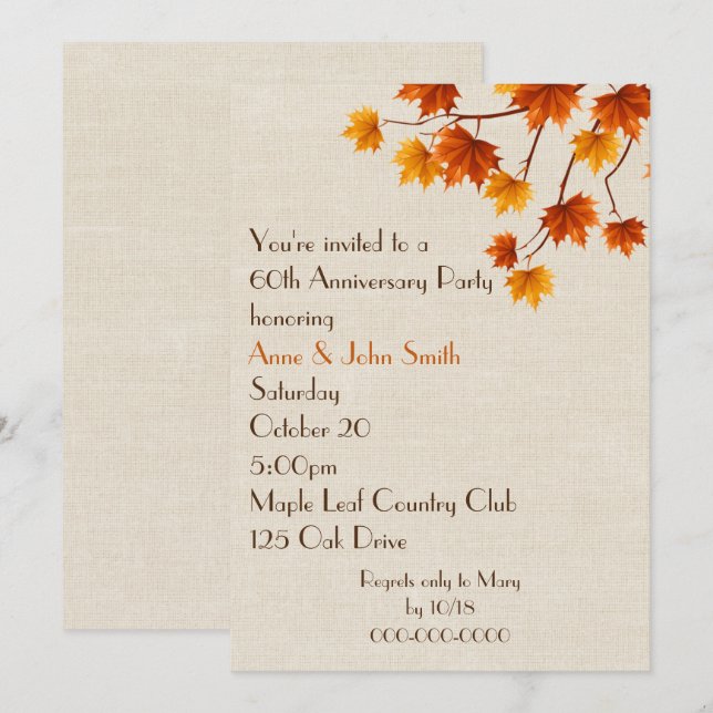 Invitación Fiesta de aniversario 60 otoño hojas (Anverso / Reverso)