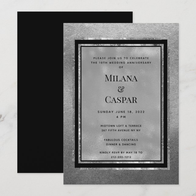 Invitación Fiesta de aniversario brillo plateado tostado (Anverso / Reverso)