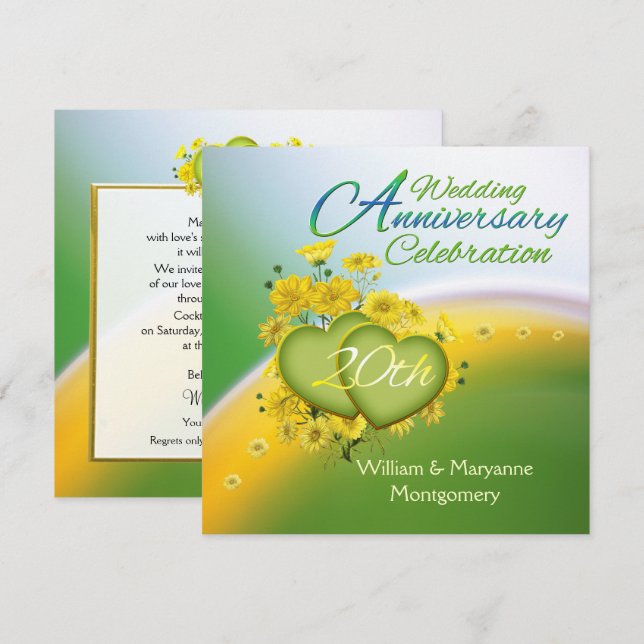 Invitación Fiesta de aniversario de 20 años con flores amaril (Anverso / Reverso)
