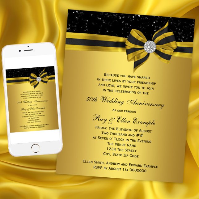 Invitación Fiesta de aniversario de 50 años con lazo negro y  (Elegant Black and Gold Bow 50th Anniversary Party Invitation. Instant download and printed.)