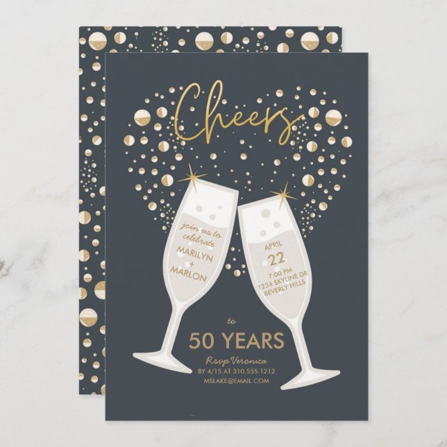 Invitación Fiesta de aniversario de boda con champán burbujea (Anverso / Reverso)
