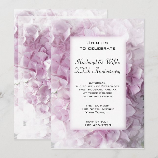Invitación Fiesta de aniversario de boda con Hortensia Rosa (Anverso / Reverso)