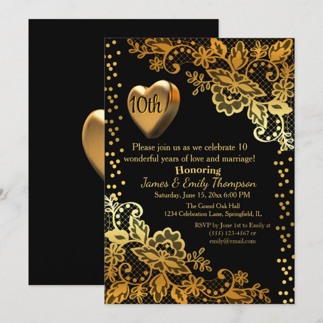 Invitación Fiesta de aniversario de Boda de oro y negro hito (Anverso / Reverso)