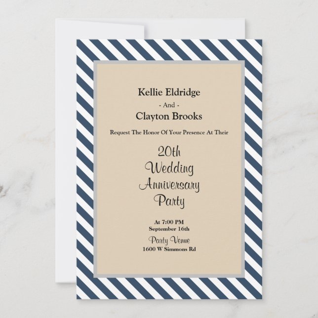 Invitación Fiesta de aniversario de boda de rayas azules clás (Anverso)