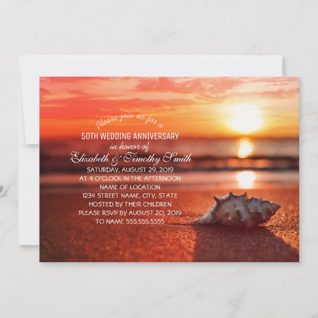 Invitación Fiesta de aniversario de boda en la playa al atard (Anverso)