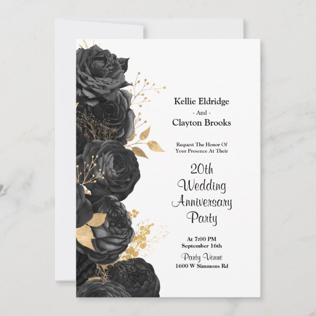 Invitación Fiesta de aniversario de boda floral negra y dorad (Anverso)