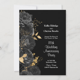 Invitación Fiesta de aniversario de boda floral negra y dorad