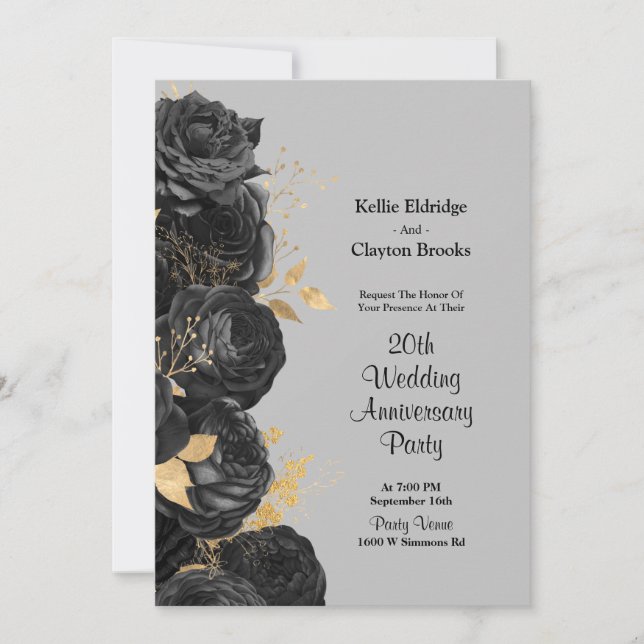 Invitación Fiesta de aniversario de boda floral negro y dorad (Anverso)