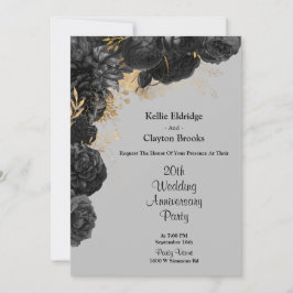 Invitación Fiesta de aniversario de boda floral negro y dorad