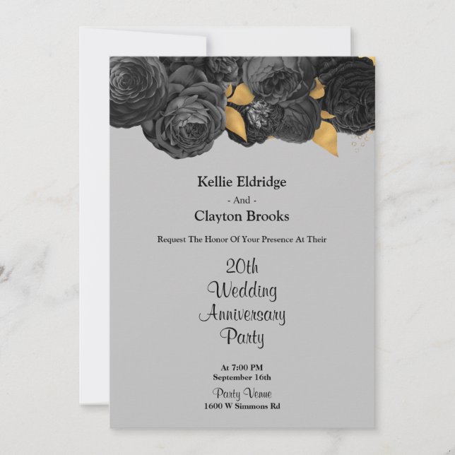 Invitación Fiesta de aniversario de boda floral negro y dorad (Anverso)