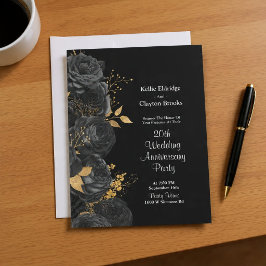 Invitación Fiesta de aniversario de boda floral negro y dorad