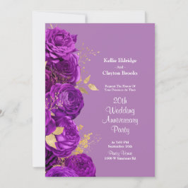 Invitación Fiesta de aniversario de boda floral púrpura y dor