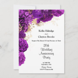 Invitación Fiesta de aniversario de boda floral púrpura y dor