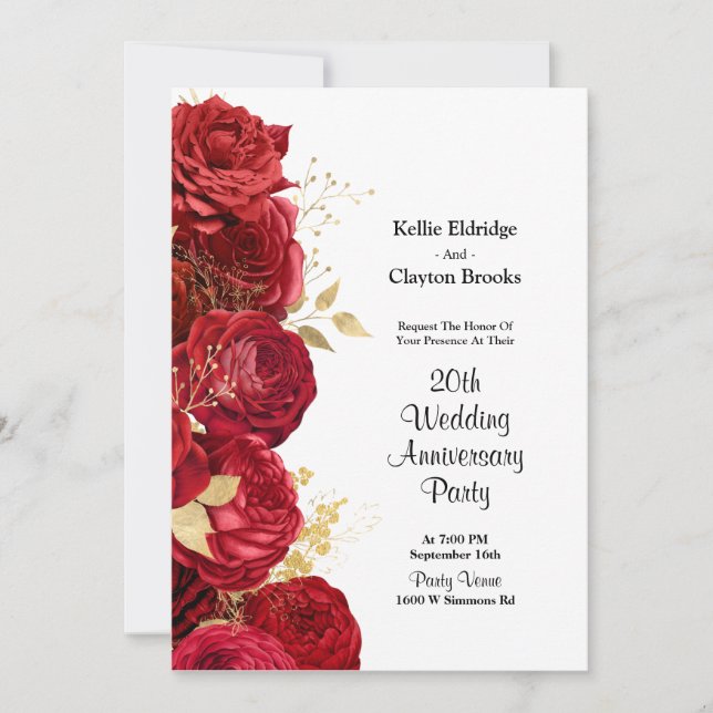 Invitación Fiesta de Aniversario de Boda Floral Rojo y Dorado (Anverso)