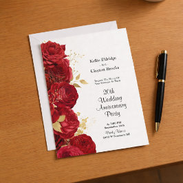 Invitación Fiesta de Aniversario de Boda Floral Rojo y Dorado