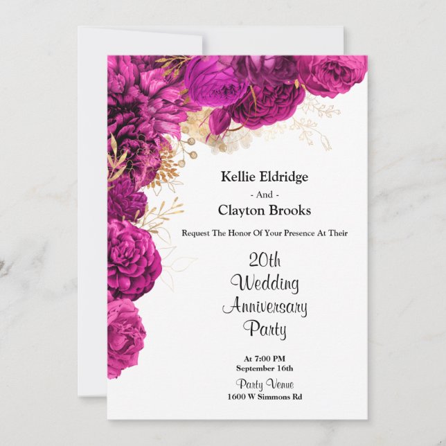 Invitación Fiesta de aniversario de boda floral rosa y dorado (Anverso)