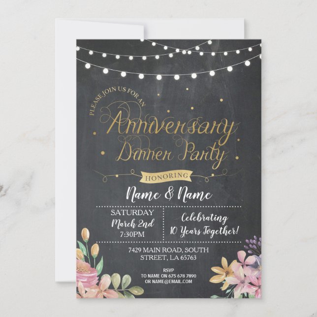 Invitación Fiesta de aniversario de boda Flores Tiza Dorado (Anverso)