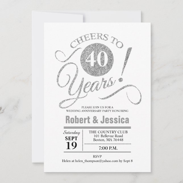 Invitación Fiesta de aniversario de bodas 40 - Plata Blanco (Anverso)