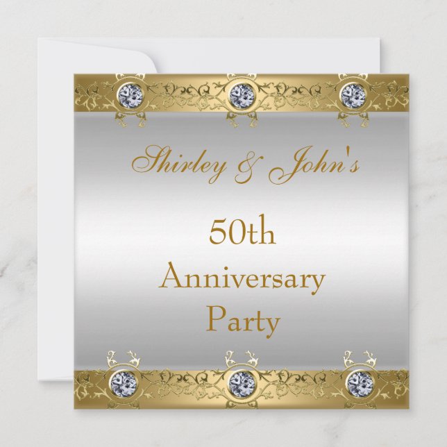 Invitación Fiesta de aniversario de bodas 50 dorado blanco (Anverso)