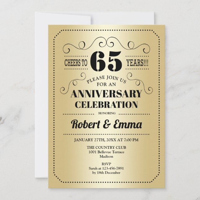 Invitación Fiesta de aniversario de bodas 65 - Dorado Negro (Anverso)