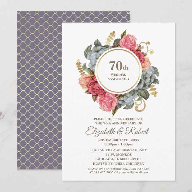 Invitación Fiesta de Aniversario de Bodas 70 Floral (Anverso / Reverso)