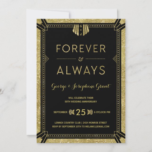 Invitación Fiesta de aniversario de bodas Art Deco | Dorado (Anverso)