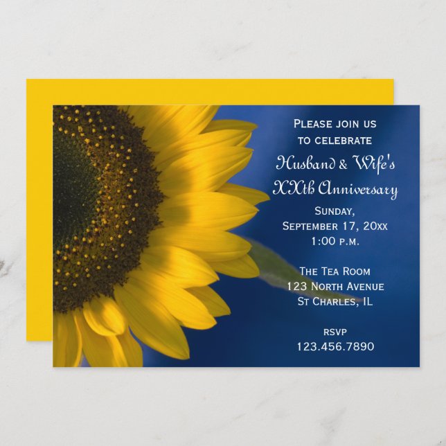 Invitación Fiesta de aniversario de bodas con girasoles sobre (Anverso / Reverso)