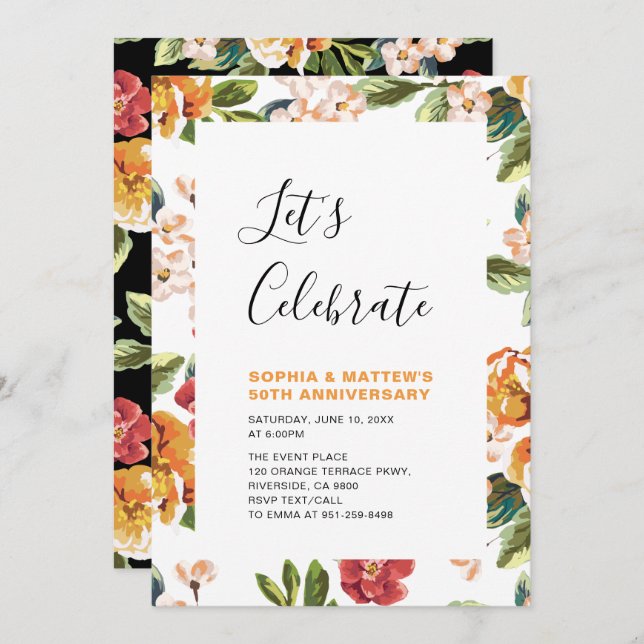 Invitación Fiesta de aniversario de bodas de 50 años con flor (Anverso / Reverso)