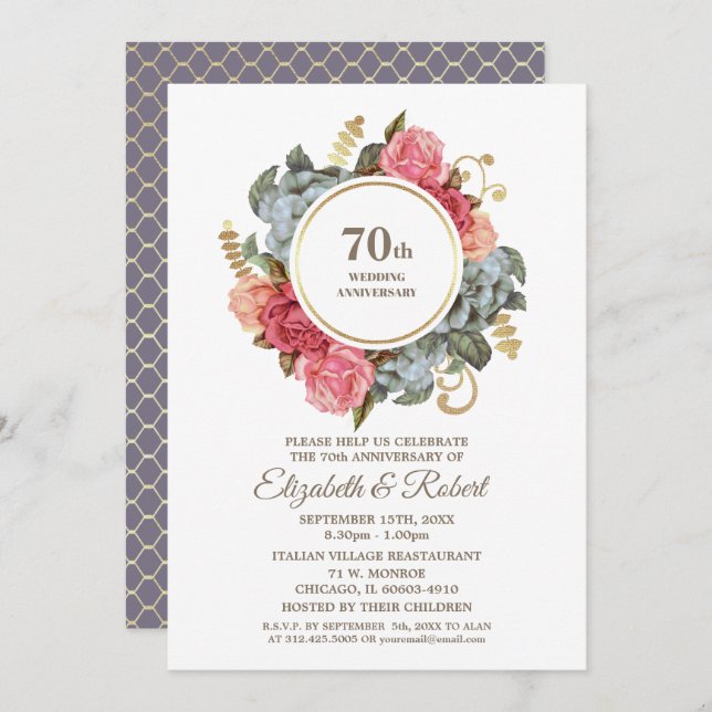 Invitación Fiesta de aniversario de bodas de 70 años con flor (Anverso / Reverso)