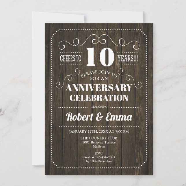 Invitación Fiesta de aniversario de bodas de madera rústica 1 (Anverso)